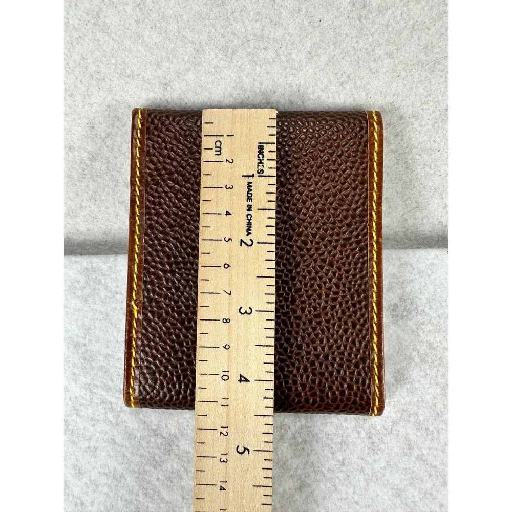 Timberland Mens Brown Pebbled Leather Bifold Wallet Yellow Stitch Snap Closure